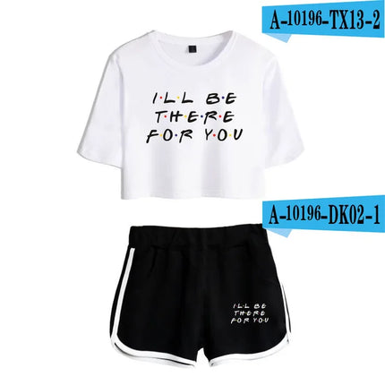 Fashion Youthful Trendy Show I'll Be There for You Short Sleeve Shorts+lovely T-shirts Dew navel Girl suits Two Piece Set