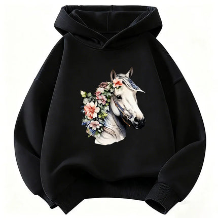 Fashion Horse with Flower Design Hoodie Kids Kawaii Children's Sweatshirt Hoody for Boys Girls Casual Hoodies Hip Hop Clothes