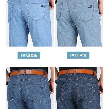 High Waist Flat Thin Summer Mens Jeans Pants Straight Loose Stretch Casual Blue Black Jeans for man Cotton 2026 Size  40 42