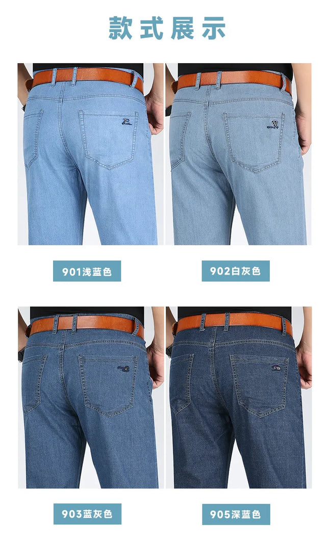 High Waist Flat Thin Summer Mens Jeans Pants Straight Loose Stretch Casual Blue Black Jeans for man Cotton 2026 Size  40 42