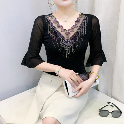 2025 Spring Summer Mesh Tops Korean Fashion Diamond T Shirt Slim 3/4 Sleeve Hollow Out Casual Women Shirt