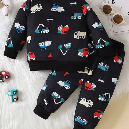 Baby autumn cartoon style two-piece set with engineering car printing and velvet hoodie pants for casual occasions