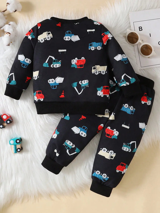 Baby autumn cartoon style two-piece set with engineering car print and velvet hoodie pants for casual occasions