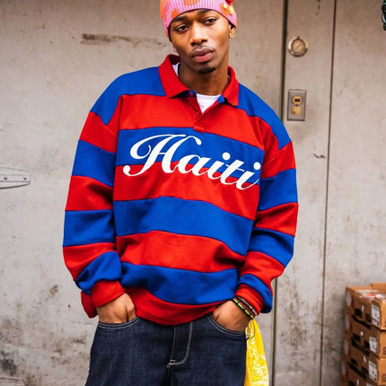 Y2K Haitian Long-Sleeved Shirts Fashionable Red and Blue Striped Knitted Lapel Jersey Oversized Retro Men Women Streetwear Tops