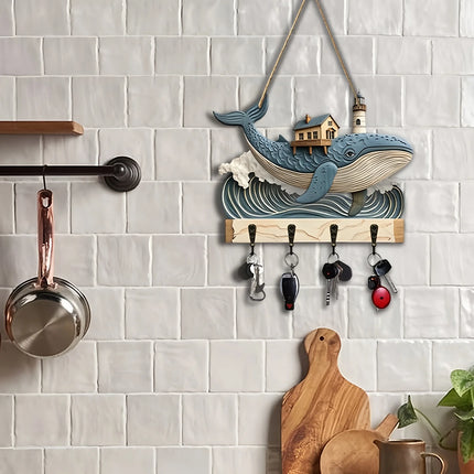 1 Piece 2D Wooden Hanging Decoration with Household Key Hook Whale Pattern Wooden Key Hangers Wall Wall Mount Room Decoration