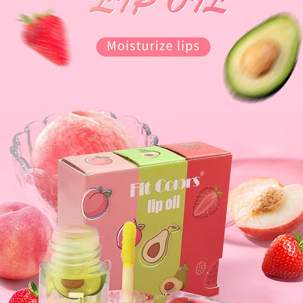 Hydrating Transparent Lip Gloss 3 Piece Set Fruit Scented Lip Oil with Avocado Strawberry and Peach for Soft Smooth Lips