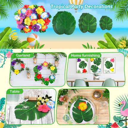 Artificial Tropical Palm Leaves Hibiscus Flower for Beach Table Decor Hawaiian Luau Wedding Jungle Safari Birth Party Decoration