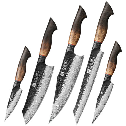 XINZUO 1-9 Piece Damascus Knife Set 67-Layer Steel Paring Utility Santoku Nakiri Cleaver Bunka White Oak Red G10 Handles