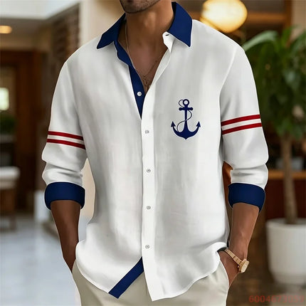 2026 Summer New Men's Long-Sleeve Shirt, Contrasting Collar with Anchor Print, Fashionable Casual Hawaiian Shirt, XS-6XL