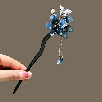 Chinese Purple Flower Hair Sticks Hanfu Decor Hairpins For Girls Tassel Pearl Hair Bun Chopsticks Retro Party Hair Clasp Jewelry