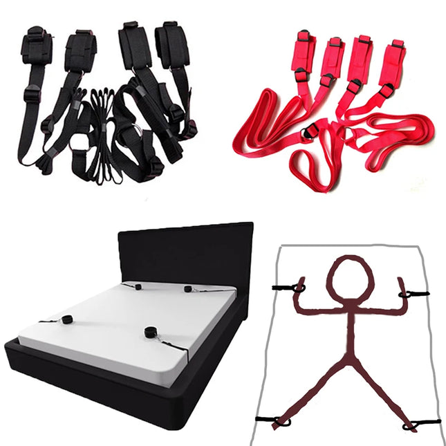 BDSM Bondage Set 18+ Adult Sexy Erotic Accessories Adjustable Bandage Handcuffs and Footcuffs Bed Sex for Women Couples Toys