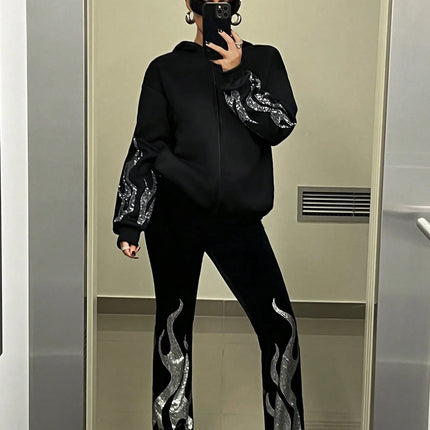 Autumn and Winter Y2K Trend Street Flame Hot Drill Loose Zip Hooded Sweater Men and Women Couple Foreign Trade Wholesale