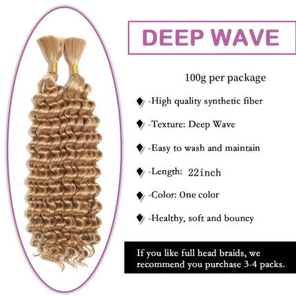 22 inch Synthetic Deep Wave Bulk Synthetic Bohemian Braids Hair Boho Braids Curly Hair Bundles No Weft and Wavy Hair for Women