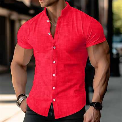Men's Stand Up Collar Printed Shirt Solid Color Short Sleeved Button Linen Shirt Hawaii Vacation Beach Breathable Shirt