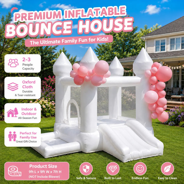 (Come with blower) 9x9x7ft Inflatable White Bounce Castle with Slide & Ball Pit For kids High‑Quality Oxford for Indoor and Outdoor Family at Birthdays and Celebration