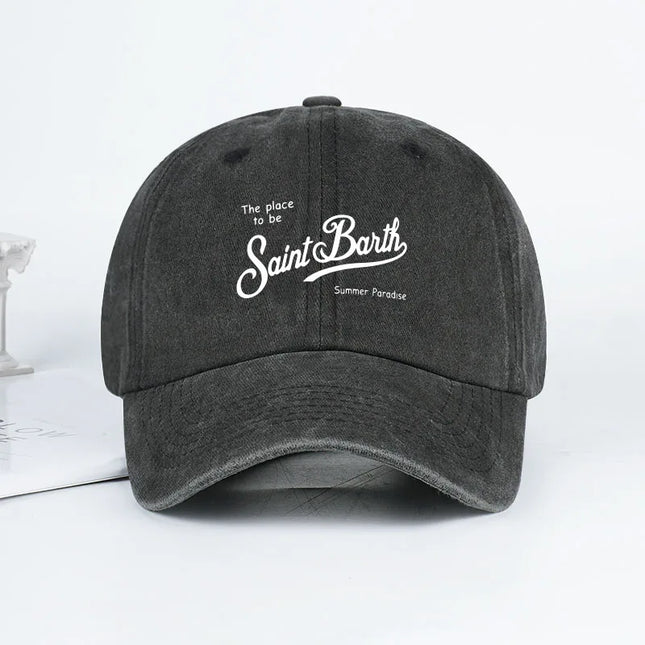 Saint Barth "The Place To Be" Print Washed Baseball Cap Adjustable Unisex Summer Vacation Sun Hat
