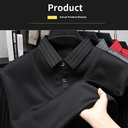 Men's Winter Thickened Fleece Lined Knitwear Polo Shirt Long Sleeve Loose Fit Solid Color Thermal Base Layer Two-Piece Look