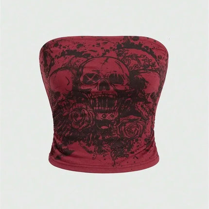 Skull Printed Off the Shoulder Tube Top for Women Summer Sexy Goth Y2K Clothes Slim Fit Crop Top Streetwear Club Wear