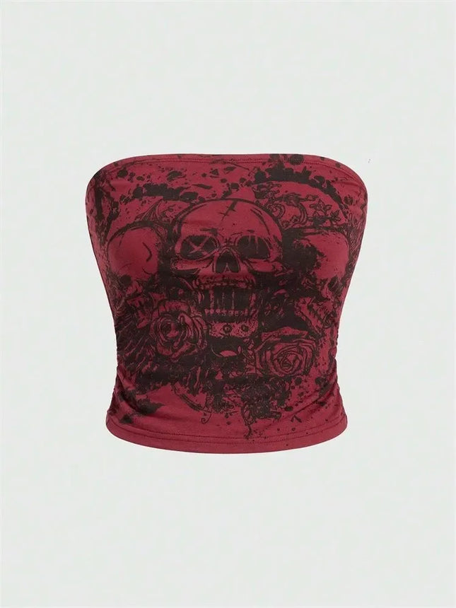 Skull Printed Off the Shoulder Tube Top for Women Summer Sexy Goth Y2K Clothes Slim Fit Crop Top Streetwear Club Wear