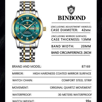 BINBOND Luxury Men Quartz Watch Waterproof Date Week Luminous Wristwatch Stainless Steel Men's Watches Male Clock Sports Reloj