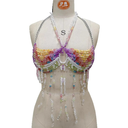 Women's Beading Vest Hollow Out Tops Body Beachwear Lingerie Harness Beaded Bralette Neck Bra Bustier Bra Women Club Rave