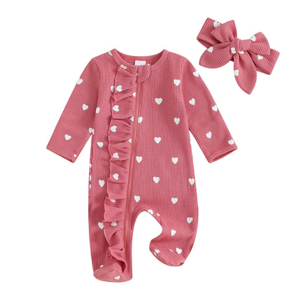 Pudcoco Baby Girls Valentines Day Foot Cover Jumpsuit Long Sleeve Crew Neck Heart Print Ruffle Zipper Footies with Headband 0-6M