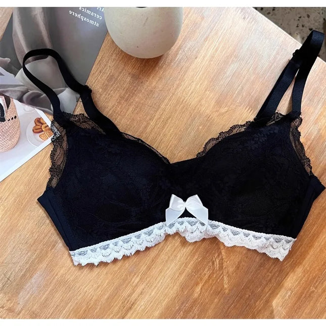 Wireless French Bralette for Small Chest, Non-Adjustable Push-Up Lace Bra Set, Comfortable Sexy Non-Padded Lingerie for Women MOYISU