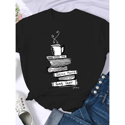 Coffee Books Brown books American retro T-shirt woman round neck half sleeve T-shirt printed T-shirt top woman oversized