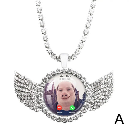 For John Pork Is Calling Answer Call Phone Humor Funny Pig Lover Graphic The Moon Necklace Angel Wings Pendant Necklace Jewelry