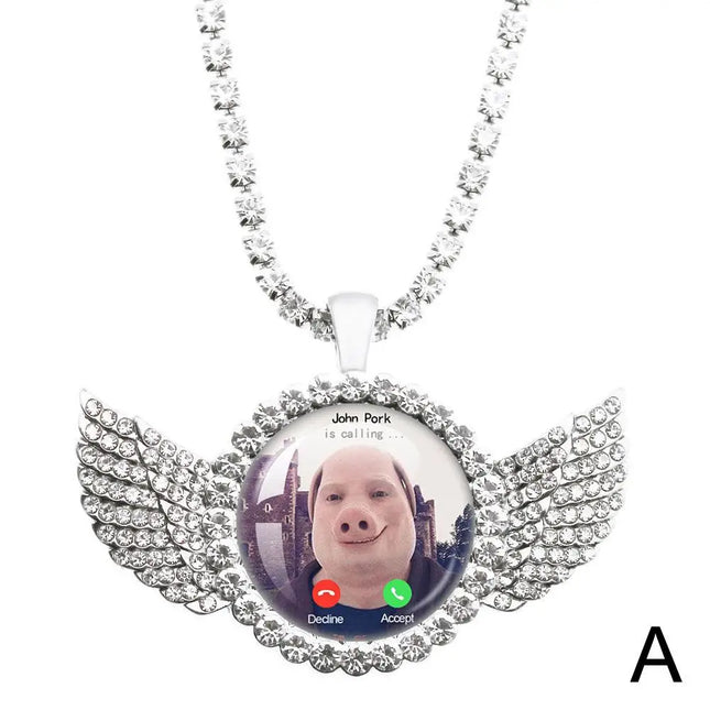 For John Pork Is Calling Answer Call Phone Humor Funny Pig Lover Graphic The Moon Necklace Angel Wings Pendant Necklace Jewelry