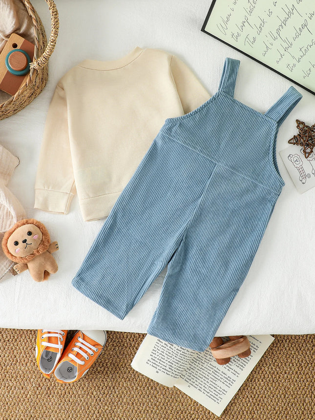 Baby Girls Boys/Girls Outfit Autumn Long Sleeve Crew Neck T-shirt Embroidery Animals Overall Pants Fall Outfit Clothing Set 1-3Y