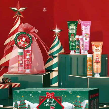 Christmas gift set distribution 120PCS/box in bulk, lip balm in bulk, hand cream in bulk, Christmas cards, gift gauze bags