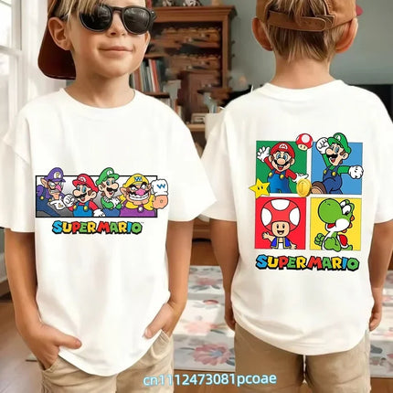 New Super Mario and Luigi Anime Children's Cotton Short-sleeved T-shirt, Cartoon Game Trendy Top for Boys' Casual Short Sleeves.