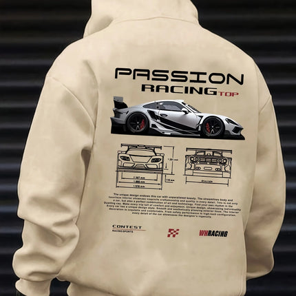 Popular digital pattern men's hooded sweatshirt with car-themed design, American-style casual sports long-sleeved shirt