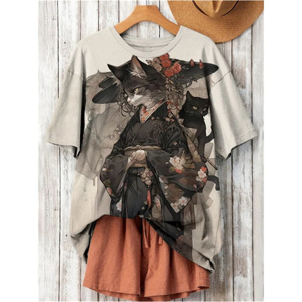 3D Printed Fashion Cat T Shirt For Women Japanese Cartoon Pattern Short Sleeves Summer Casual O-Neck Tops Tees Harajuku T-Shirts