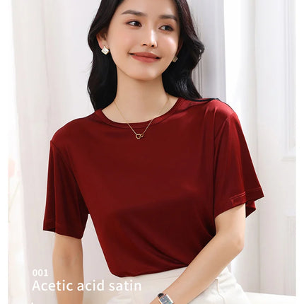 Summer Women's Short Sleeve O-Neck T-Shirt Knitted Acetate Fabric High-End Thin Pullover Top for Ladies