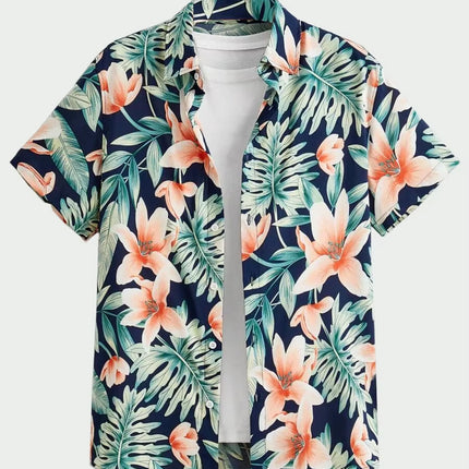 Hawaiian Botanical Flower Print Men's and Women's Short Sleeve Lapel Seaside Button-Down Shirt Top Casual Fashionable Shirts