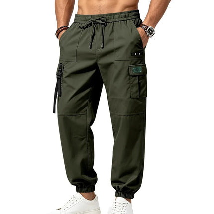 2026 New Men Streetwear Multi Pocket Decor Strap Cargo Joggers Elastic Waist Loose Ankle Lightweight Outdoor Casual Work Pants