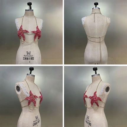 Handmade crystal bra with diamond star pattern stitching, gold chain-wrapped chest, hollow, sexy, for women, island honeymoon resort