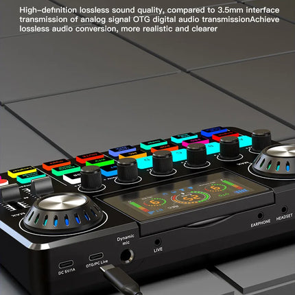 Audio Mixer, Live Sound Card with DJ Mixer Effects & Voice Changer, Sound Board with RGB, Music Recording Equipment