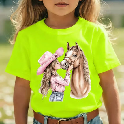 Girl Clothes Cute Girl Kisses Horse Print Summer Short Sleeve Casual Loose Kids Tops Outdoor Girls T-Shirt Children's Clothing