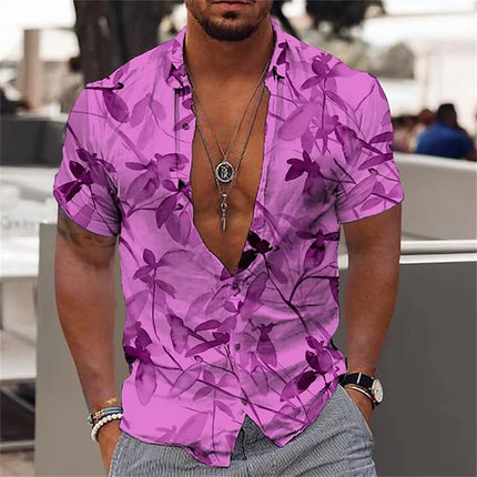 Men's Black and Gold Flower Shirts Summer Plant Print Lapel Shirt Hawaiian Style Beach Short Sleeved Button Up