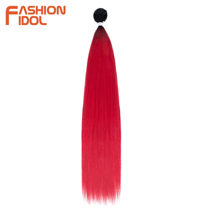 FASHION IDOL Synthetic Hair Bundles 30 inch Salon Yaki Straight Hair Ombre Red High Temperature Fiber Ponytail Hair Extensions