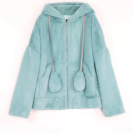 Nerazzurri Spring fluffy jacket with rabbit ears raglan sleeve zipper Oversize light soft harajuku kawaii faux fur hoodie 2021