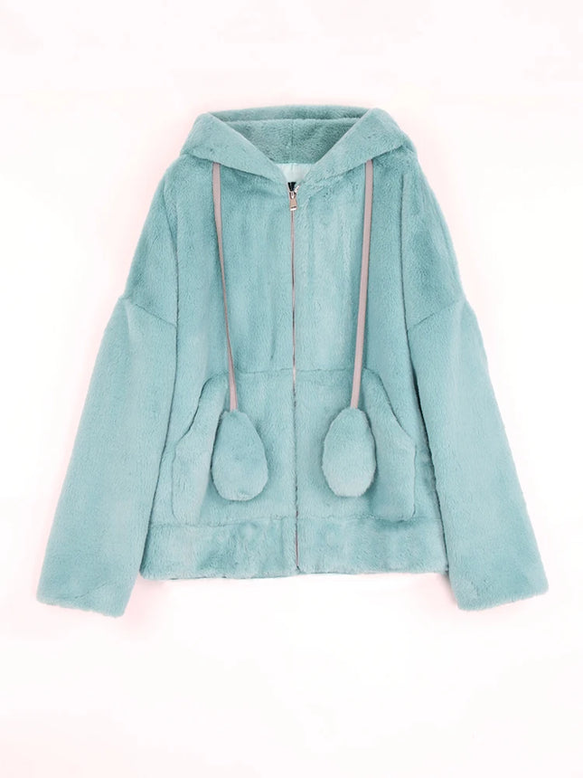Nerazzurri Spring fluffy jacket with rabbit ears raglan sleeve zipper Oversize light soft harajuku kawaii faux fur hoodie 2021
