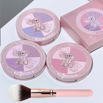 Bear Knight Blush Palette with Single Round Head Blush Brush Natural Matte Shimmer Long-Lasting Cheek Color Makeup Set for Daily