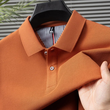 100% Pure Cotton Short-Sleeved Men's Polo Shirt Summer Boutique Fashion High-Quality Top Solid Color Collar Back Striped T-Shirt