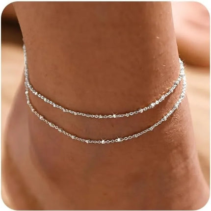 Gold/Silver Ankle Bracelets for Women,14K Gold Anklets for Women Waterproof Beads Anklets Set Layered Anklet Gold Jewelry Gift