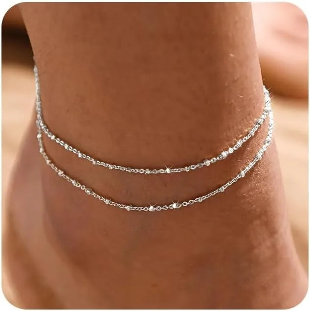 Gold/Silver Ankle Bracelets for Women,14K Gold Anklets for Women Waterproof Beads Anklets Set Layered Anklet Gold Jewelry Gift