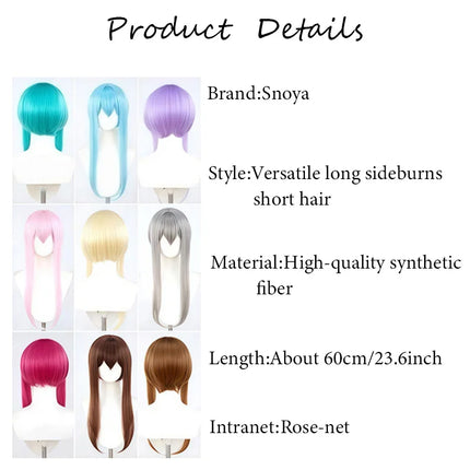 Snoya 60cm synthetic Multi colored long sideburns style short cosplay wig Heat resistant fiber Purple blue pink black gold